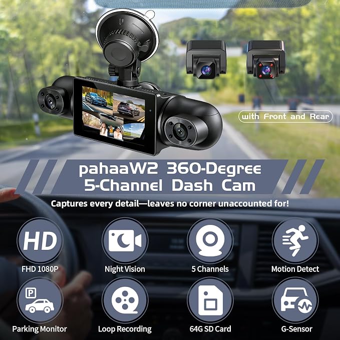 5Channel Dash Cam,Front and Rear, 360° Dash Camera, 2160P/1080P UHD, Super Night Vision with IR LEDs, Built-in 5G WiFi, G-Sensor, 24-Hour Parking Monitoring, Includes 64GB TF Card, 3Inch Screen