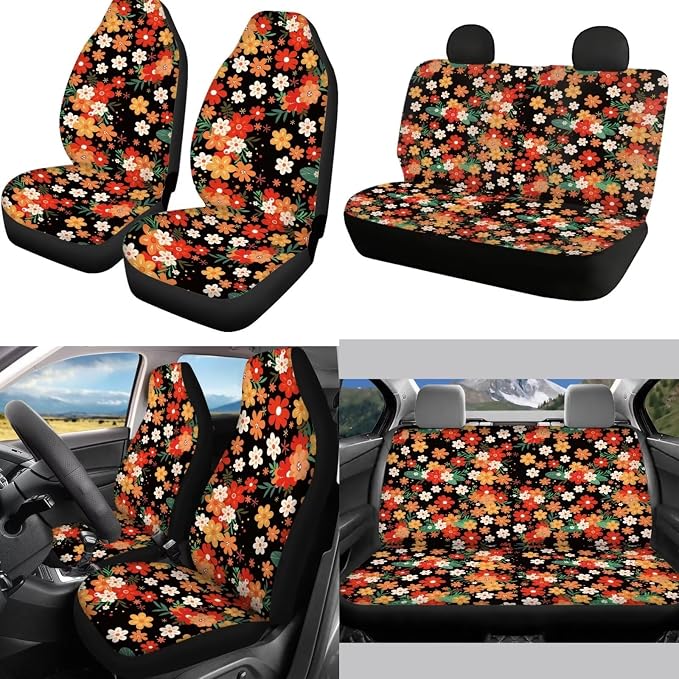 Mumeson Spring Flowers Car Seat Covers Set with Steering Wheel Cover, Seat Belt Shoulder Pads,Car Armrest Cushion of Car Full Set of 8 Pieces Auto Interior Protector Set for Womens