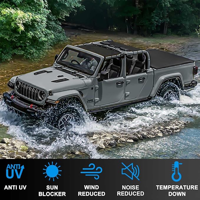 JT Top Sun Shade Roof Compatible with Jeep Gladiator 4 Door 2018 to 2023 Sunshade Sunroof Bikini Cover Blocks UV Wind Noise Black Mesh for Front and Rear 2 pcs