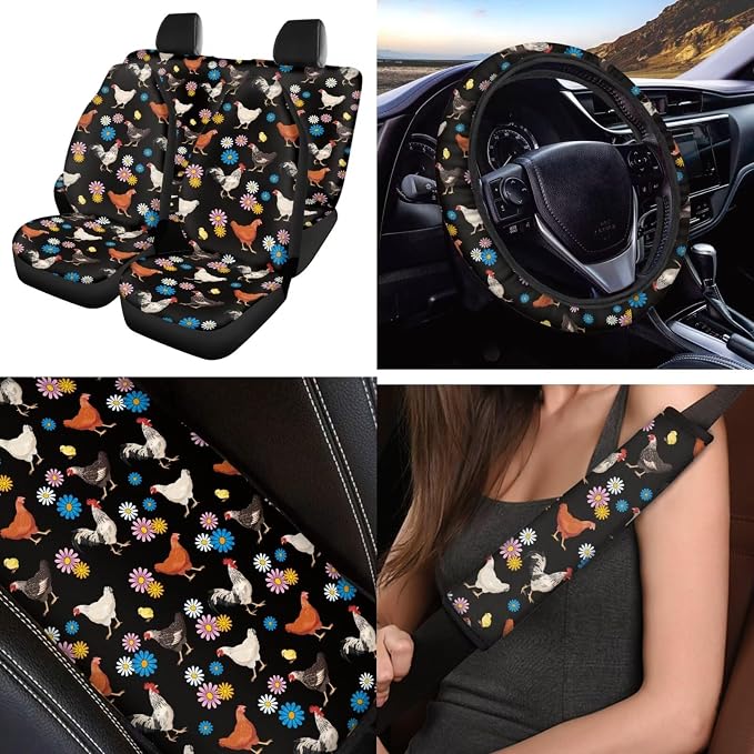 Thanksgiving Chicken Car Seat Covers Sets 12 Pieces Center Console Cover Car Steering Wheel Cover Seat Belt Pads Car Interior Accessories Universal Fit for Cars SUV