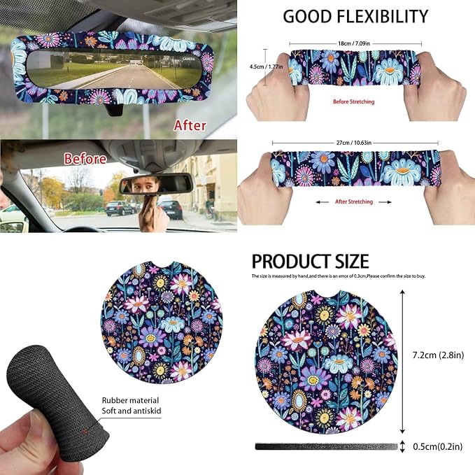 15 Pcs Hippie Floral Car Seat Cover Full Set for Women with Car Steering Wheel Cover Seat Belt Cover Trash Bin Front Rear View Mirror Car Cup Holder Keychain