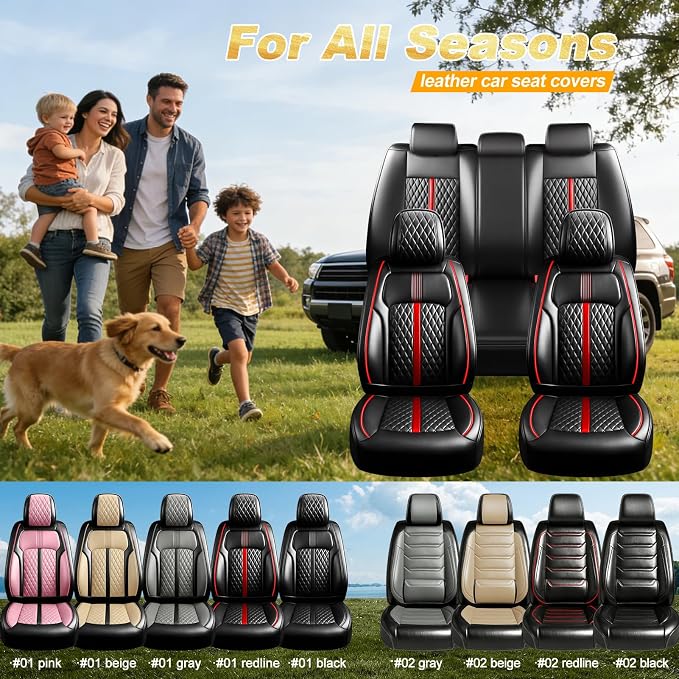 Fit Envision Car Seat Covers for Select Buick Envision 2016-2026 - Premium Full Coverage Leather, Airbag Compatible, Waterproof & All Weather Seat Cushion Protector, Full Set, Red Trim