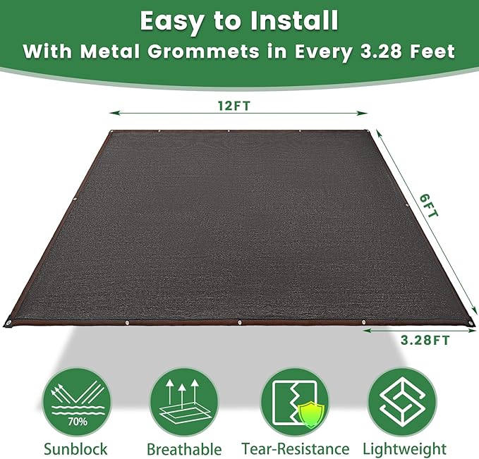 70% Shade Cloth, 12FTx6FT HDPE Mesh Tarp with Reinforced Grommets, Outdoor Sun Shade Net for Greenhouse, Plants, Garden, Pergola, Patio, Chicken Coop (12FT*6FT)