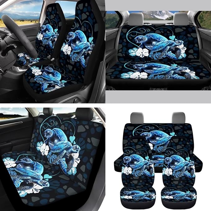 12 Pieces Car Accessories Sea Turtle Print Car Seat Covers Full Set,Seat Belt Pads,Steering Wheel Covers,Vehicle Key Chain,Cup Coasters,Lipstick Holder for Women Blue Black