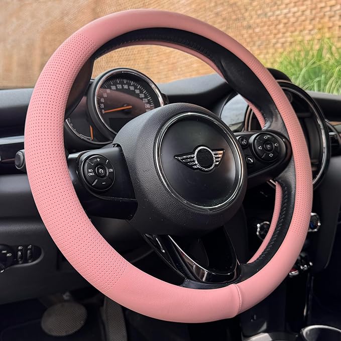 PINCTROT Large Size Nappa Leather Steering Wheel Cover, Slim Fit No Bulk Design, One Piece Leather with Breathable Perforation, Fit Like Gloves, 15.5-15.75 Inch(Nappa Pink)