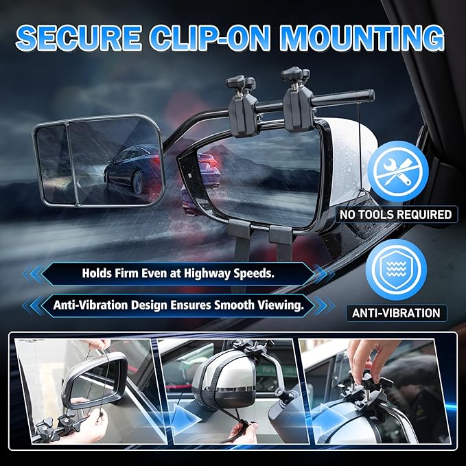 Clip-On Mirror Extenders for Towing, Shatterproof Dual View Convex Tow Mirrors, 360° Adjustable Universal Side Mirror Extensions for Truck, SUV, RV & Trailer, 2-Pack