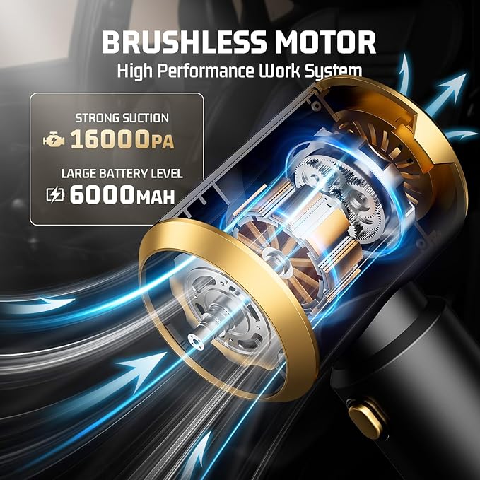 Cordless Car Vacuum Cleaner: Handheld Vacuum with 𝟏𝟔𝟎𝟎𝟎𝐏𝐚 Strong Suction, 𝐁𝐫𝐮𝐬𝐡𝐥𝐞𝐬𝐬 𝐌𝐨𝐭𝐨𝐫 & HEPA Filter, 𝟕-𝐢𝐧-𝟏 Cleaning Kit, Type-C Charging for Home Office Car - Black