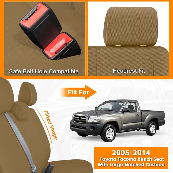 Truck Bench Seat Cover Compatible with 2005-2014 Toyota Tacoma with Large Notched, Tan