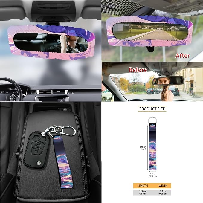 Dolphin Colorful Wave Print Car Seat Cover Full Set of 15 Steering Wheel Cover Seat Belt Strap Pad Trash Bag Air Vent Storage Holder Cup Coasters Rear View Mirror Covers Key Chain