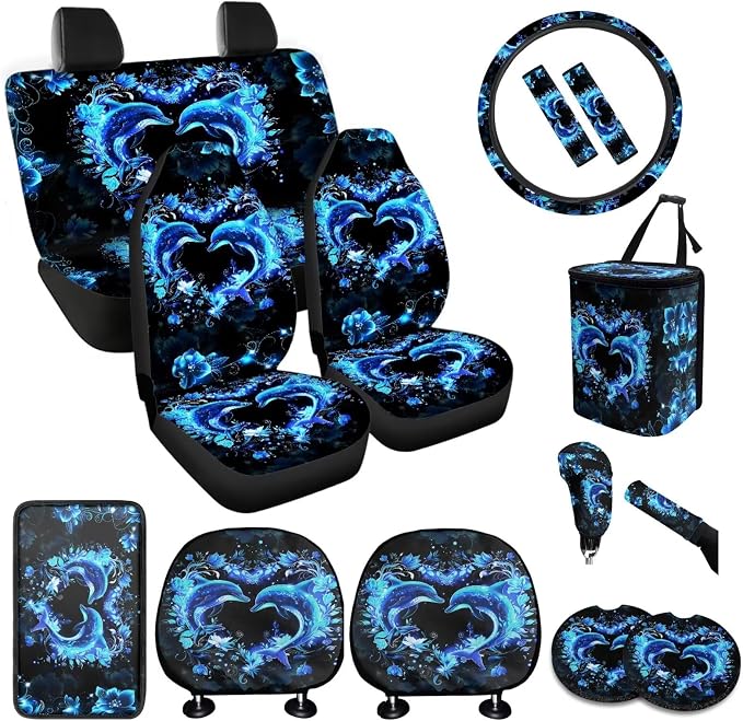 BIGCARJOB 15 Pack Neon Dolphin Car Seat Cover Full Set Auto Seat Headrest Cover Universal Steering Wheel Cover Car Trash Can Hanging Automotive Interior Sets for Women Gifts