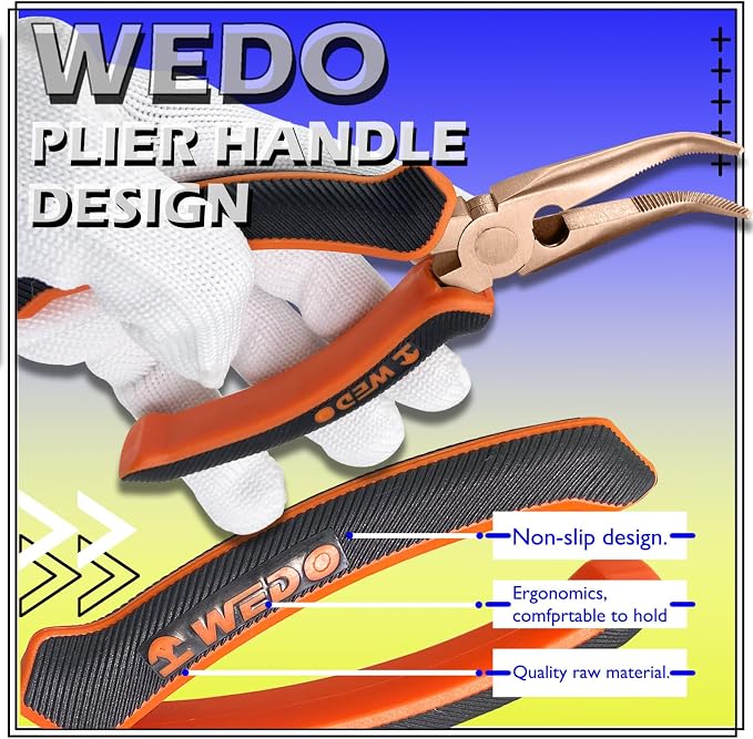 WEDO 6”Non-Sparking Bent Needle Nose Pliers 45 Degree,Long Nose Pliers, Wire Cutters,Used for Cutting Clamping Pinching Jewelry Making,Beryllium Copper,DIN Standard,BAM & FM Certificate,Length 150mm