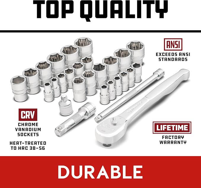 Powerbuilt 28-Piece Zeon Socket Set, SAE & Metric Rounded Fastener Grip Sockets with XT90 90-Tooth Ratchet, Extensions & Storage Tray - 941763
