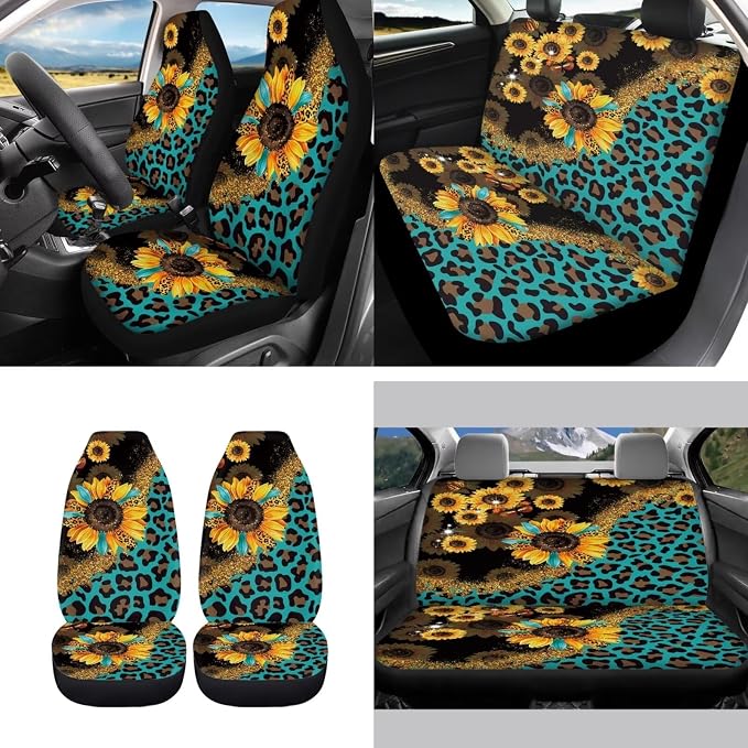 Leopard Sunflower Seat Covers for Car,11Pack Green Auto Seat Covers for Front Back,Universal Fit Most Vehicle Truck SUV,Auto Steering Wheel Cover Seatbelt Pads Keychain Cup Holder Coasters