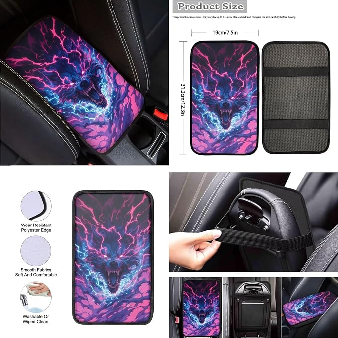 Cool Wolf Lightning Print Car Interior Accessories Set of 8, Car Seat Covers with Auto Steering Wheel Cover, Center Console Pad, Seat Belt Covers, Automotive Decorations