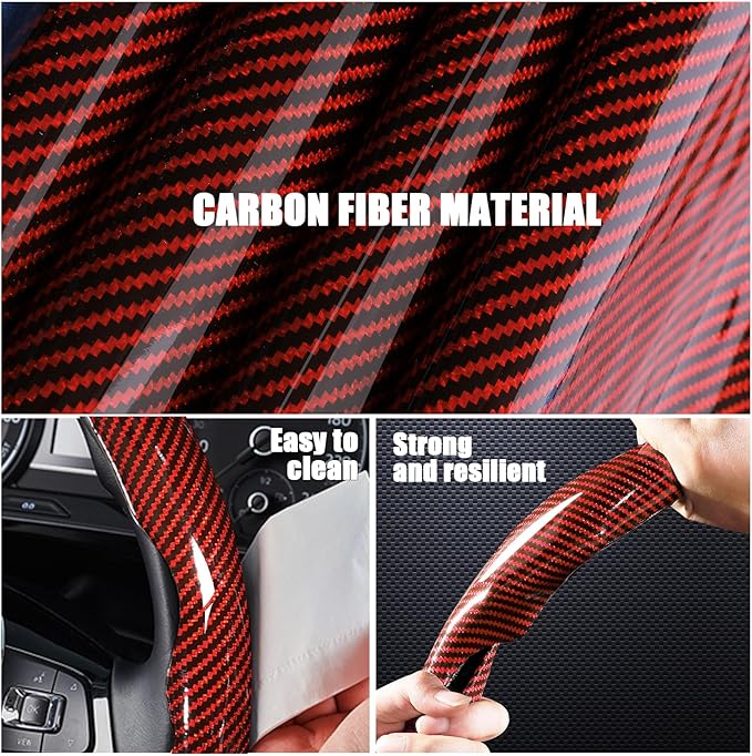 Carbon Fiber Steering Wheel Covers 3 Piece Clip on Steering Wheel Cover (Red)