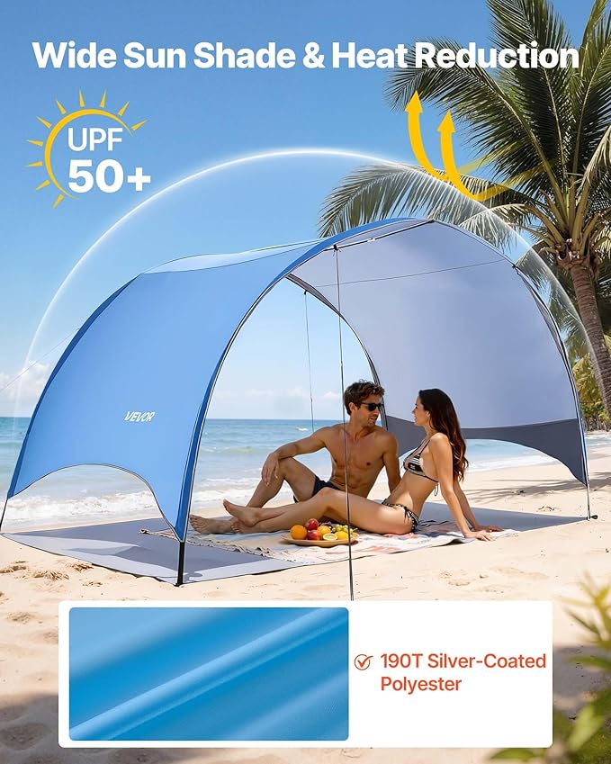 VEVOR Beach Tent Sun Shelter for 4 Person, UPF 50+, Portable Sun Shade Beach with Carrying Bag & Ground Stakes, Lightweight and Easy Setup Beach Umbrella for Camping Fishing Outdoor Picnic
