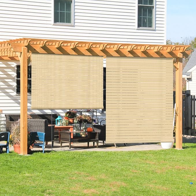 Coarbor Outdoor Roll up Shades Blinds for Pergola Porch Balcony Deck Roller Shade Screen 4'W x 11.5'L Hollow Out Beige