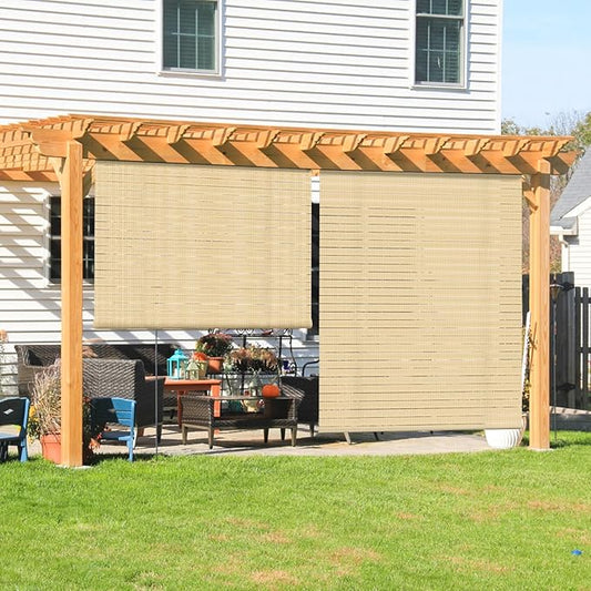 Coarbor Outdoor Roll up Shades Blinds for Pergola Porch Balcony Deck Roller Shade Screen 6'W x 6.5'L Hollow Out Beige