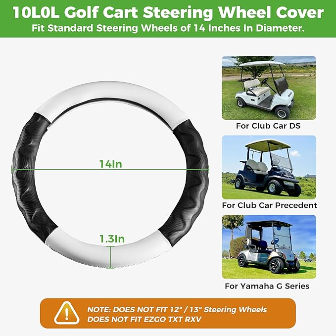 10L0L Golf Cart 14" Steering Wheel Cover for Club Car DS Precedent and Yamaha Models, Breathable Rubber Leather Materials,Good Texture Nice Look（Black+White）