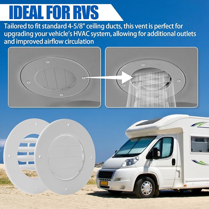 Calvana (2-Pack 6.5" RV Ceiling Vent Covers for Inside Camper, RV AC Vent Cover Replacement, Fits 4-5/8" Ducts, Rotatable Slats for Directional Airflow, White