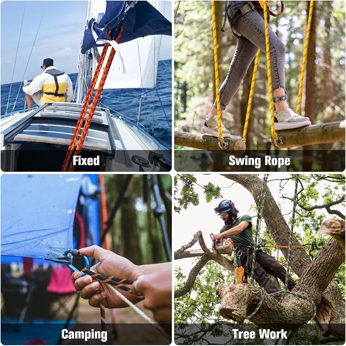 Double Braided Arborist Rigging Rope - 3/8 in X 220 ft 48 Strands Outdoor Pulling Heavy Duty Polyester Bull Rope for Swing Tree Work Camping Rescue Hiking - Orange