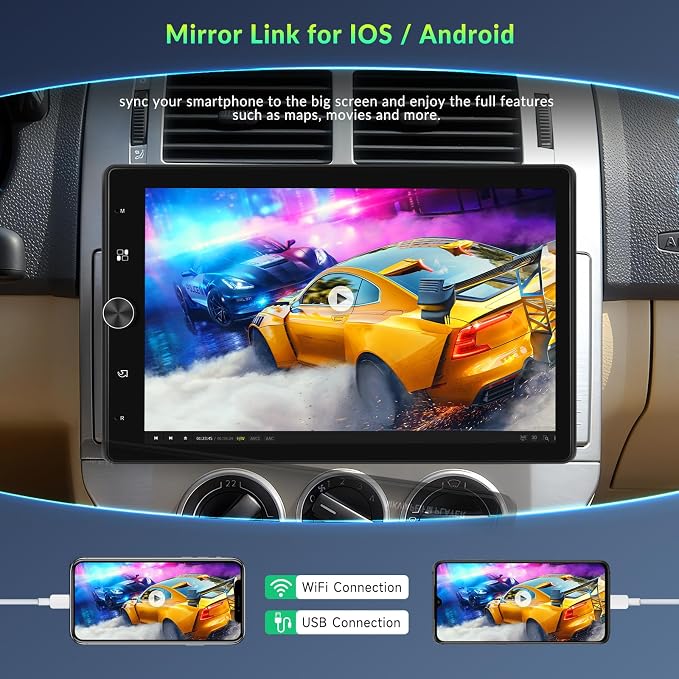 10.4" Single Din Touchscreen Car Stereo with Wireless Carplay& Android Auto, Adjustable Car Radio with Bluetooth, Mirror Link, FM Radio, Subwoofer, SWC, Backup Camera