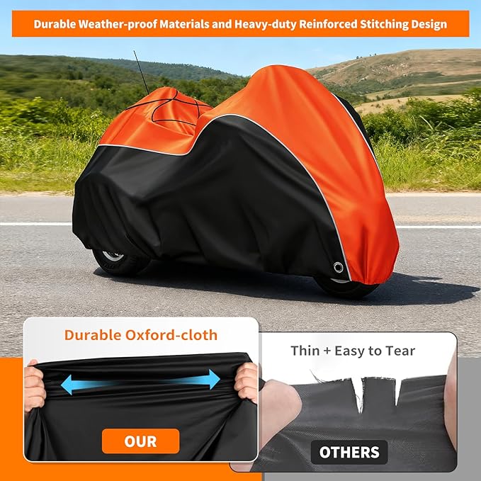 COVERVIN Trike Cover, Waterproof 3 Wheel Motorcycle Cover for Harley Honda Goldwing Freewheeler Tri Glide Ultra, with Antenna Opening, Windproof Buckles & Reflective Strips (Black&Orange)