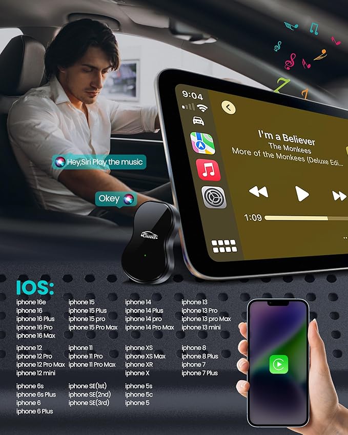 Wireless Carplay Adapter for Apple iPhone iOS 10+ & Cars from 2016+,Plug & Play, Auto-Connect Stable Control & No Latency Mini Size with Extension Cable USB/Type-C (M7)