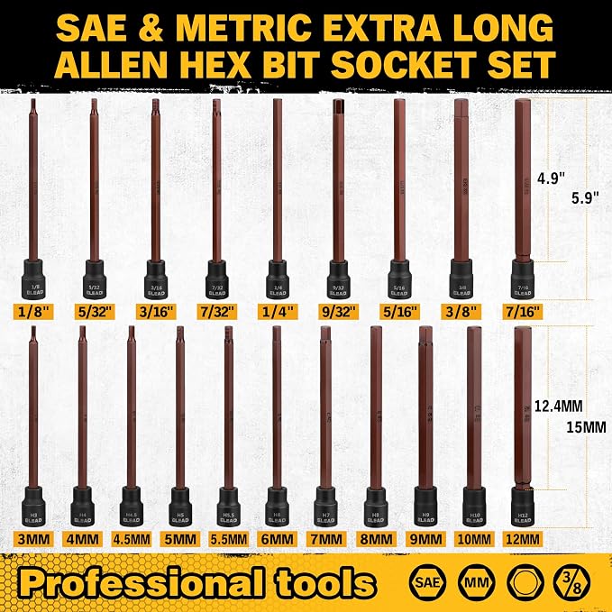 Extra-Long Allen Hex Bit Socket Set: 20-Piece 3/8 Inch Drive, 150mm S2 Steel, Standard SAE & Metric (1/8-Inch - 7/16-Inch, 3-12mm) for Impact Drills and Ratchet Wrenches