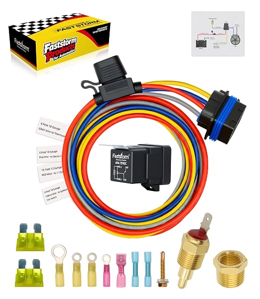 12V Electric Fan Wiring Kit Electric Fan Relay Kit with Thread-in Temperature Probe 185 On 175 Off, Electric Cooling Fan Thermostat Kit, 40 AMP Tinned Copper Waterproof Relay Kit for Cars