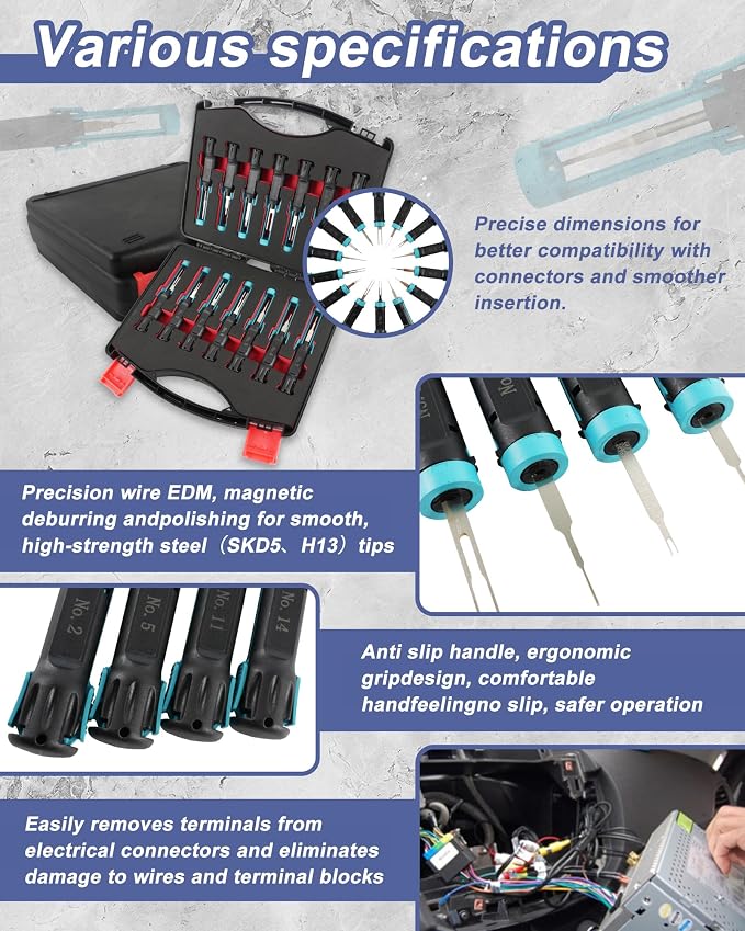 14PCS Universal Terminal Removal Tool Kit, Pin Connector Release | Electrical Connector Extractor Tool Set with Non-Slip Handles for Replaces Universal Vehicle Wire Harness.for Automotiv