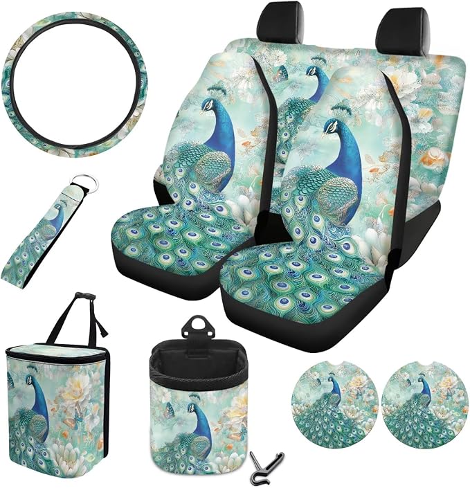 Peacock Flower Butterfly Print Auto Seat Covers Full Set, 10 Pcs Universal Fit Car Accessories Steering Wheel Cover Car Trash Bin Keychain Coasters Air Vent Storage Box