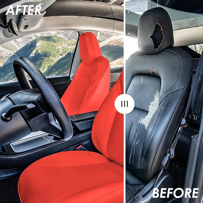 FH Group Custom Fit Car Seat Covers Specifically Made for 2020-2022 Tesla Model Y - Faux Leather, Waterproof, Airbag Compatible, Solid Red
