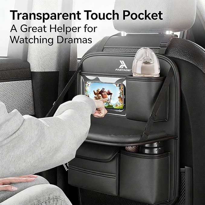 Universal Premium Leather Foldable Car Backseat Organizer with Table Tray, Seat Back Protector with Touch Screen Pad Phone Holder, Car Storage Pockets Tissue Holder with School Bags Hooks