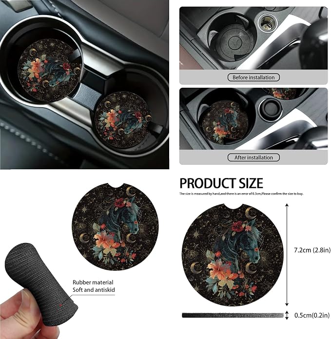 Horse Hibiscus Moon Print Car Seat Cover Full Set of 15 Steering Wheel Cover Seat Belt Strap Pad Trash Bag Air Vent Storage Holder Cup Coasters Rear View Mirror Covers Key Chain