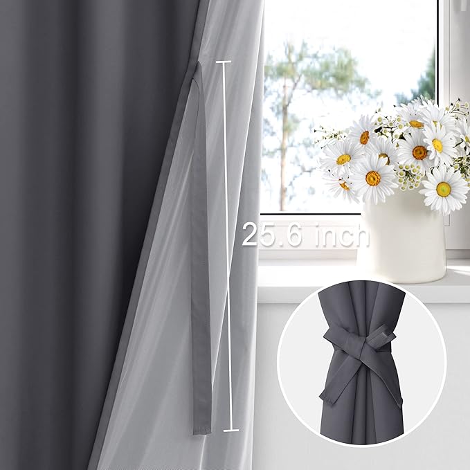 XWZO Dark Grey Blackout Curtains 84 Inches Long with Tiebacks- Full Light Blocking & Energy Efficiency Window Draperies Grommet Top with Black Liner for Bedroom/Living Room, W70 x L84, Set of 2