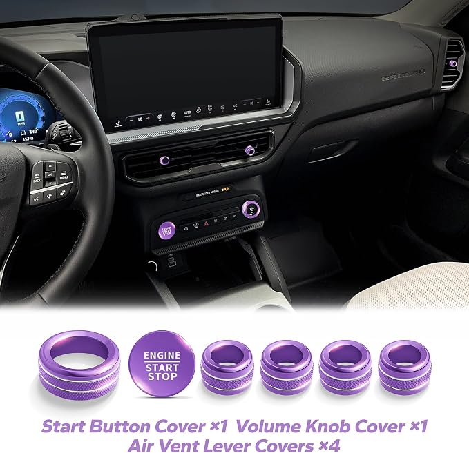 for 2025-2026 Ford Bronco Sport Accessories (Not for Bronco) 9PCS Aluminum Alloy Knob Cover Trim Set for Push Start, Volume, Air Vent Tabs, Headlight & Gear Shift Knob (Purple)