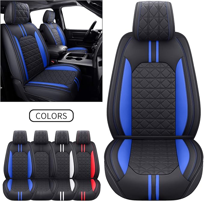 YIERTAI for Dodge RAM Seat Covers Fit 2009-2025 2026 1500/2500/3500HD Pickup Crew Double Cab Quad Cab Laramie Long Horn Rebel Tradesman Waterproof Leather Seat Cover(2 PCS Front only/Black-Blue)