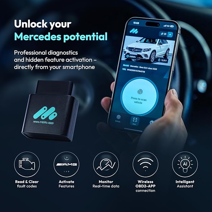 MBito OBD2 Scanner Diagnostic Tool for Mercedes-Benz (2003–2024), Bluetooth Car Code Reader & Auto Scanner - Free Lifetime Engine/ABS/Airbag Diagnostics, Unlock Hidden Features