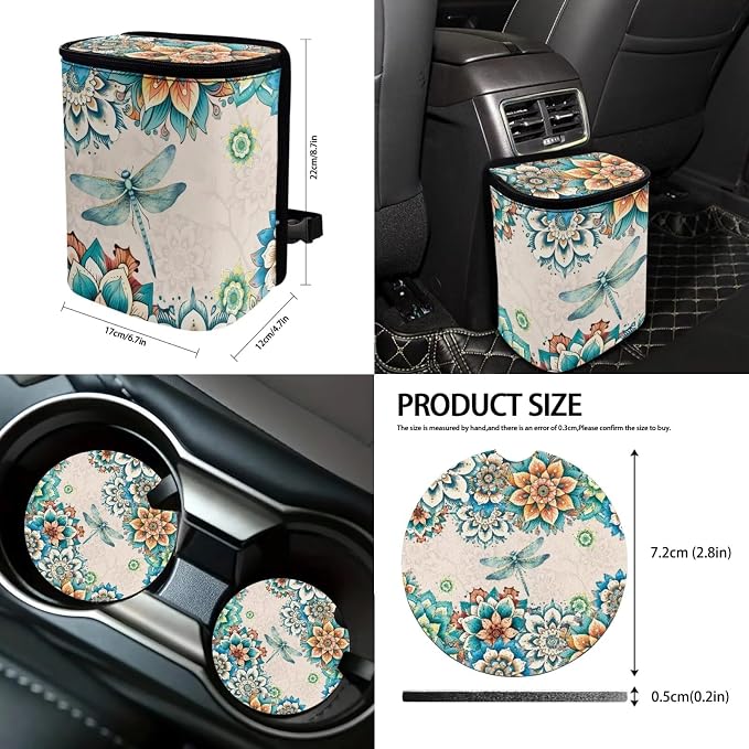 Suobstales Boho Dragonfly Mandala Print Car Seat Covers Set of 13 with Universal Steering Wheel Cover, Rearview Mirror Cover, Car Trash Can, Seatbelt Pads, Cup Holder Coasters, Keychains