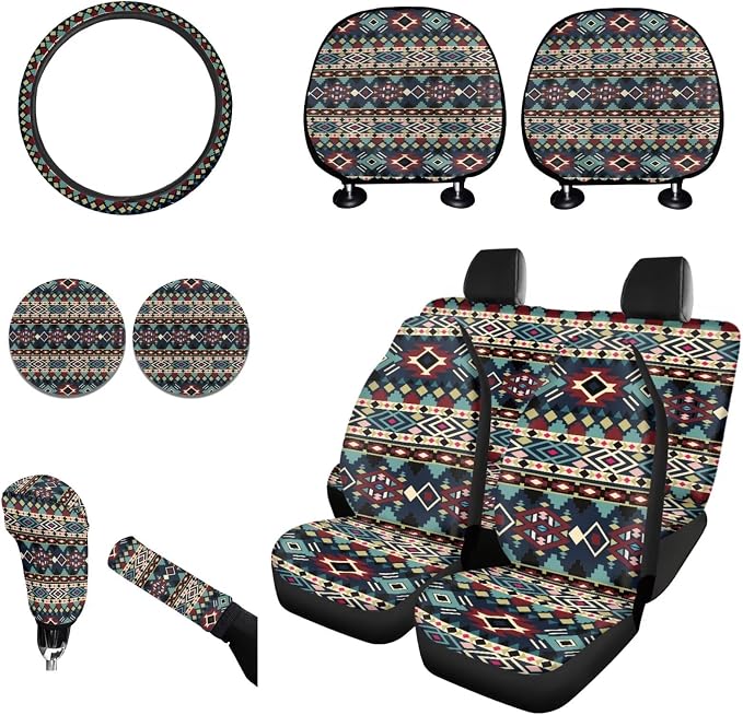 Wanyint Car Seat Cover Full Set for Women Men, with Cup Coasters Steering Wheel Protector Handbrake Gear Shift Knob Headrest Cover Auto Decor, Set of 11, Southwest Aztec Dark Blue Red