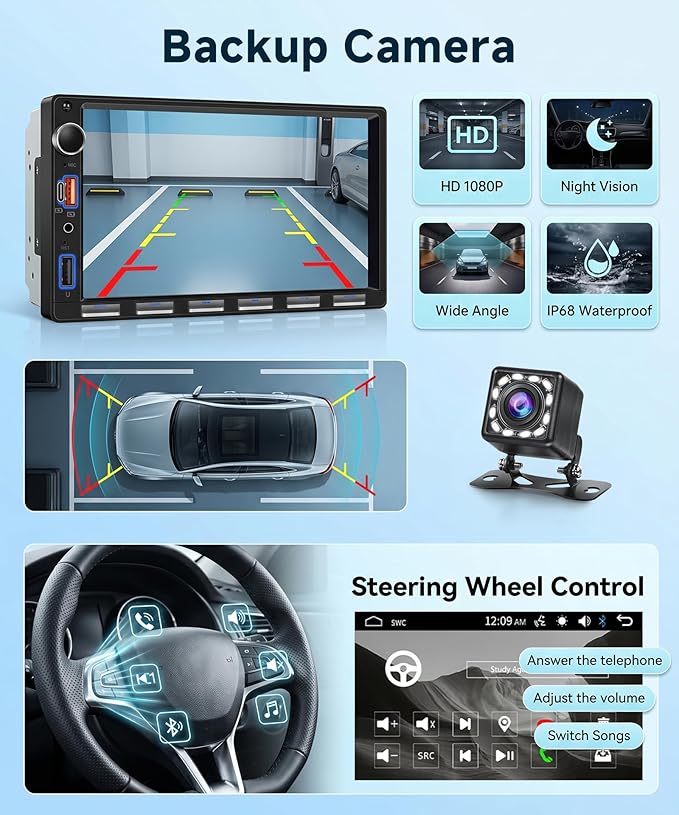 Double Din Car Radio Stereo, 7 inch Touch Screen Radio for Car Stereo Receivers, 2 Din Bluetooth Radio, Backup Camera, SWC, Mirror Link, Support FM/EQ/AUX, Type-C & USB Charging