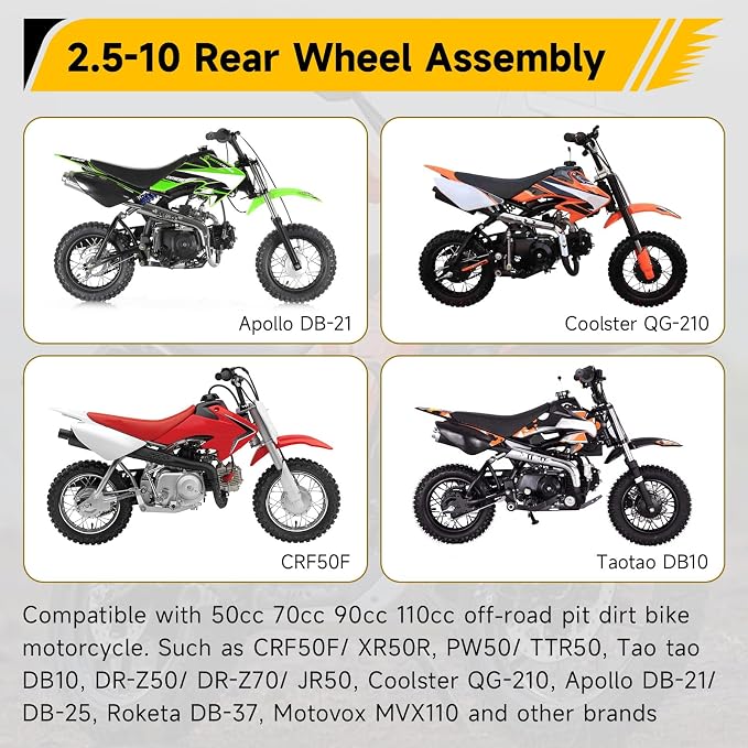 2.5-10 Dirt Bike Rear Wheel Compatible with CRF50 SSR70 TTR50 XR50, 2.5 x 10 Tire & Rim for Apollo Taotao 50cc 70cc 90cc 110cc Pit Bike Motorcycle Parts with Drum Brake Pad Shoe Assembly Silver