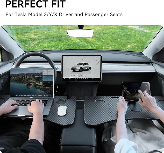 YONZEE Foldable Desk Food Tray (Carbon Edition) for Tesla Model Y Model 3 S X Y Juniper Accessories- Upgraded Table with Support Leg for Dining, in-Car Work, Travel and Outdoor (1 Pack)