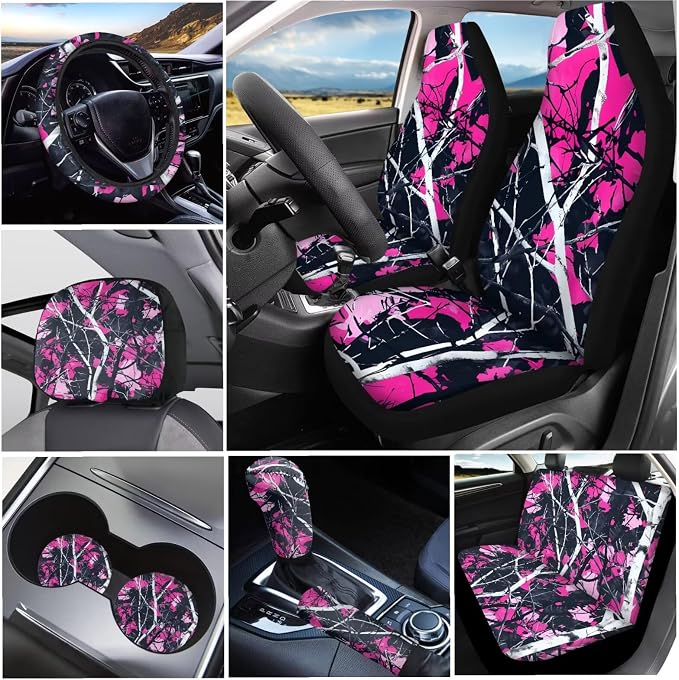 KEIAHUAN Pink Muddy Camo Branch Car Accessories Include Car Seat Cover Headrest Cushion Pads/Cup Coasters/Gear Shift Cover Handbrake Cover/Steering Wheel Cover Full Set of 11 for Women