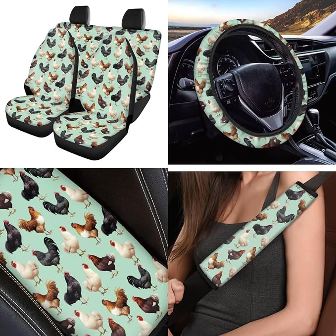 Rooster 12 Pcs Car Seat Covers with Steering Wheel Cover,Seat Belt Covers Cup Holder with Keychain Novelty Automotive Protector Set Universal Fit Automotive Most Cars