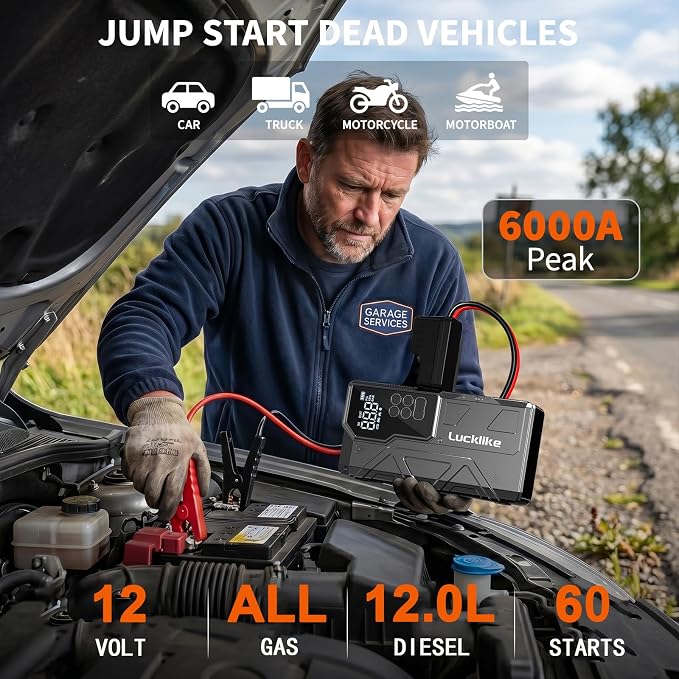 Lucklike Jump Starter with Air Compressor, 6000A 150PSI Car Battery Jumper Starter Portable (All Gas/12L Diesel) 12V Jump Box Car Battery Jump Starter with Tire Inflator, 800LM Light, Jumper Cables