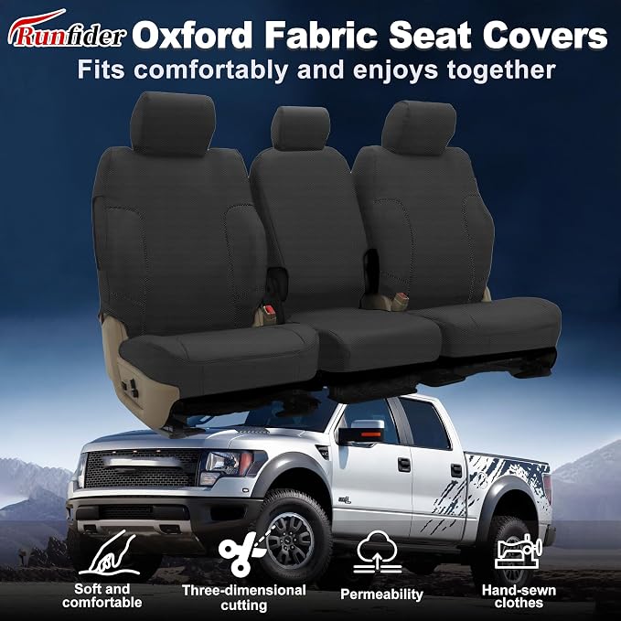 Custom Split Bench Seat Covers for Ford F150 XLT/Lariat 2014 F250 F350 F450 F550 XLT/Lariat 2015-2021 Heavy Duty Cloth Protector Interior Accessories，Waterproof & Machine Washable - Black