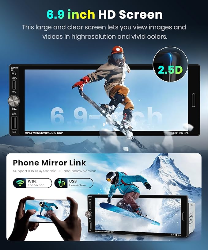 Single Din Car Stereo with Wireless Carplay Android Auto-2025 Upgraded Bluetooth 5.2 Type-C Dual Mic 6.9 Inch IPS Touch Screen Car Radio with Backup Camera Mirror Link FM USB EQ SWC