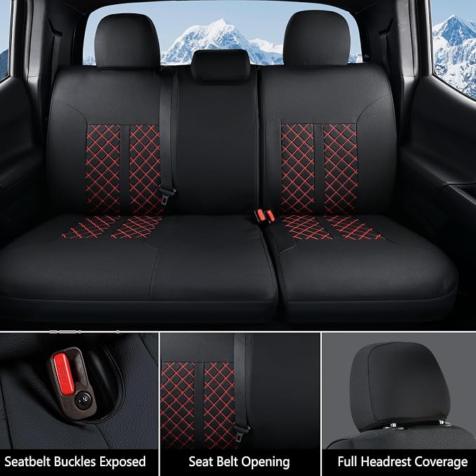 Truckiipa Tacoma Truck Seat Covers Full Set Leather Waterproof Seat Covers Fit for 2005-2015 Toyota Tacoma Double Crew Cab, Full Set, Black&Red